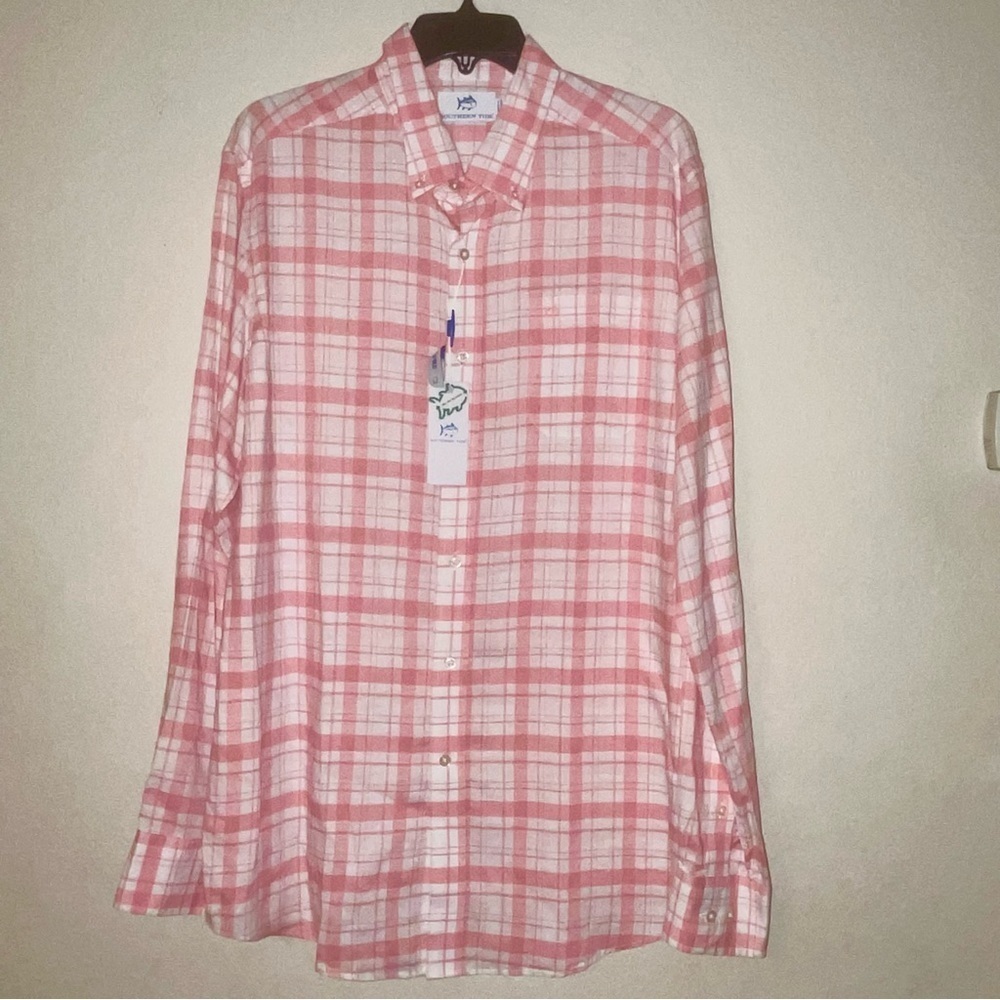 Southern Tide Flamingo Pink Plaid button shirt, Hemp Blend, Size Large, NEW